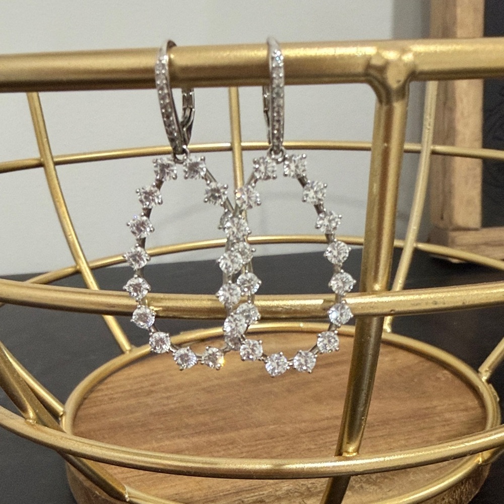 Sterling Silver White Crystal Hoop Drop Earrings